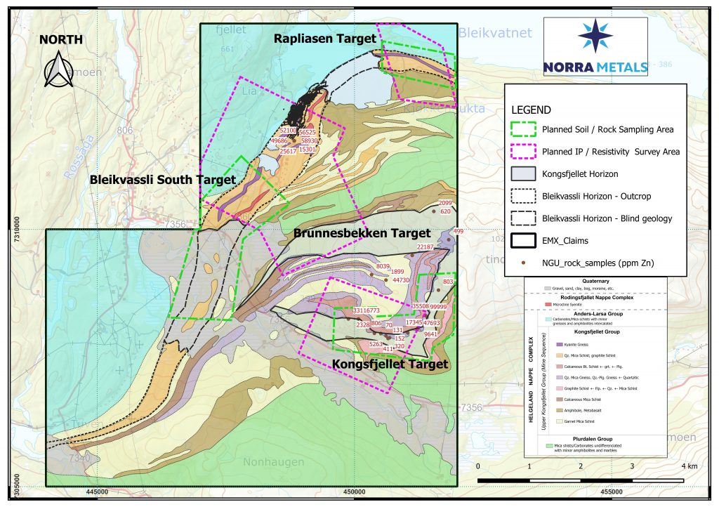 Figure 2 – Geology map of Bleikvassli property with location of the planned work plan for phase I exploration program.